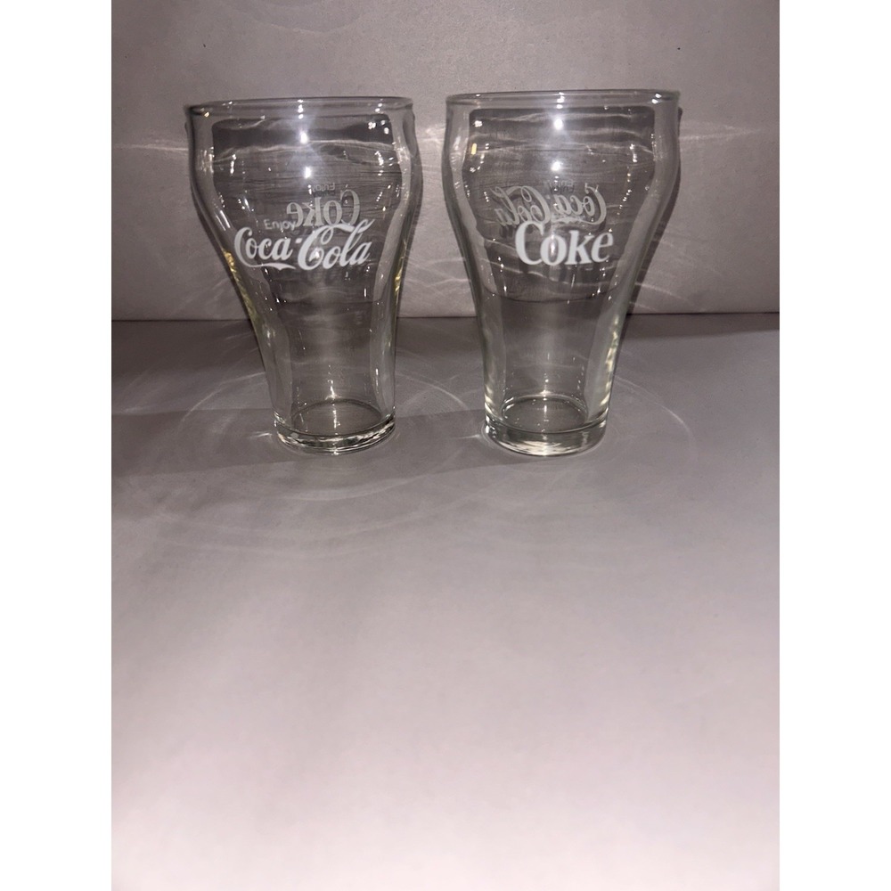 Set of 2 Vintage Coca-Cola Coke Glasses 5 Inches White Logo On Clear Glass